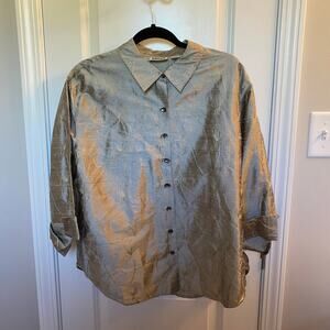 Chico’s Design Silk Embroidered Button Down‎ Top Green 3 XL